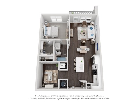 A 3D floor plan of a small apartment with a kitchen, living room, and bathroom.